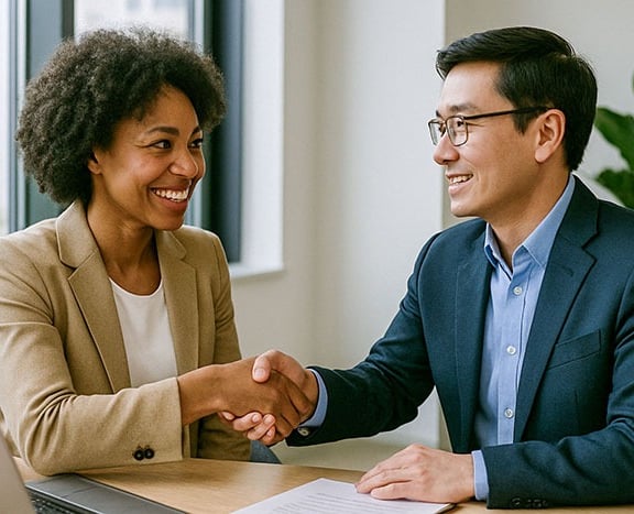 Professional handshake between businesswoman and businessman during a job interview or successful business meeting in a moder
