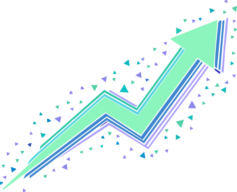 Flecha ascendente compuesta por tres colores y rodeada de triángulos, simbolizando el crecimiento de