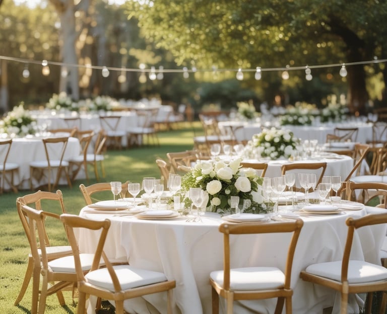An elegant outdoor evening event with string lights overhead and guests mingling in chic attire.