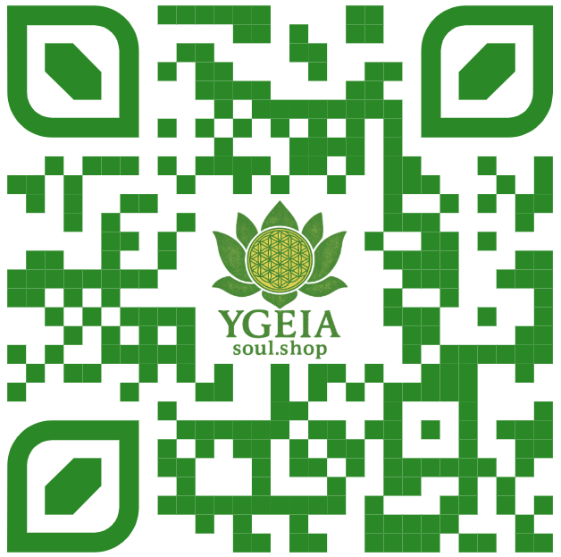 Green and white QR code for YGEIA soul shop featuring a lotus flower and Seed of Life logo.