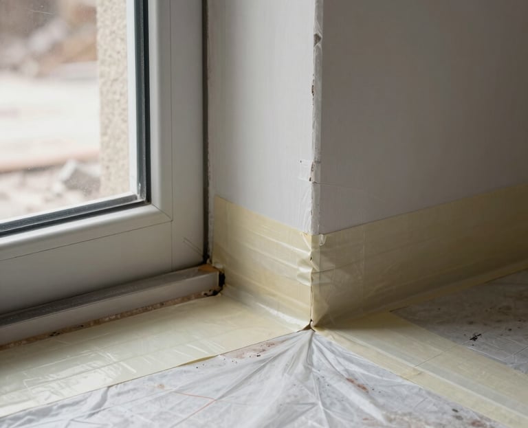 Close-up detail of a sealed joint where protective floor sheeting meets a taped door frame on a demolition site, clean tape lines precisely applied, natural daylight from the left, sharp focus on the containment edge, no debris visible beyond the sealed boundary