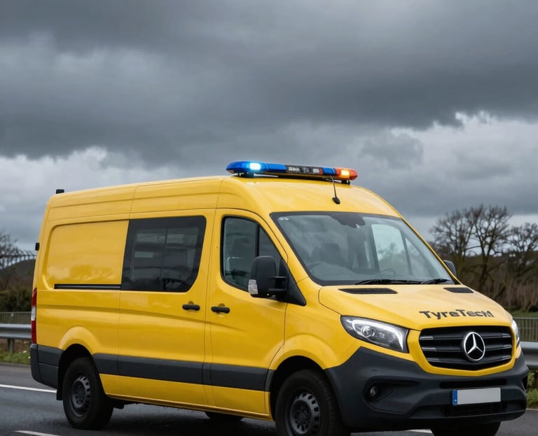Low-angle shot of a modern yellow and black TyreTech1 service van parked securely by a UK highway under dramatic overcast daylight, high-contrast cool tones