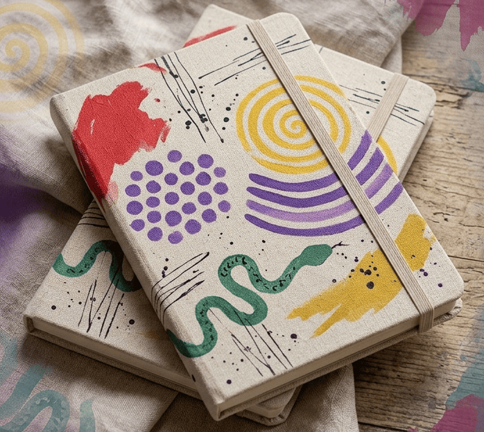 Dos cuadernos con tapa dura de lienzo con arte abstracto colorido y un diseño de serpiente verde 