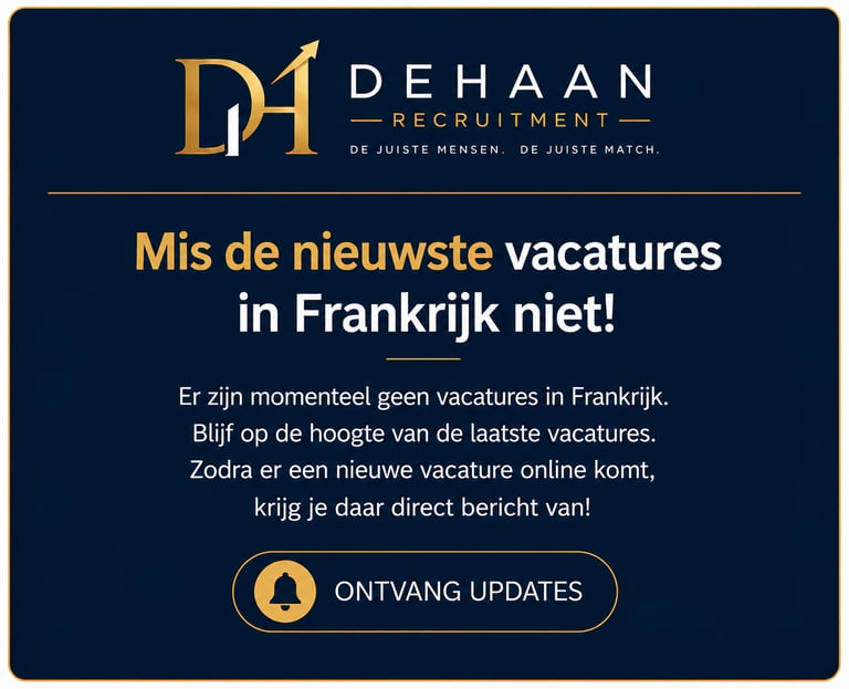 DeHaan Recruitment notification for job vacancies in France with a button to receive updates.