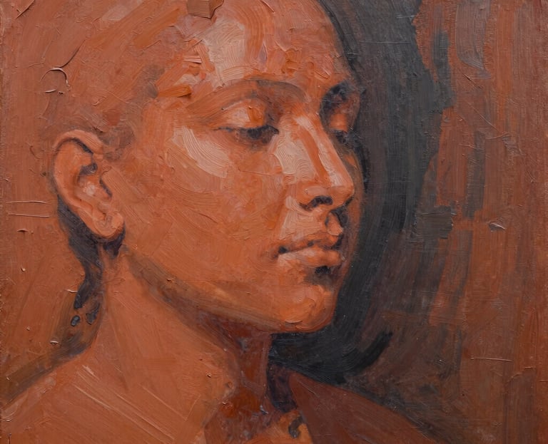 Warm editorial photography of a striking modern Indian oil painting with thick, textured terracotta and charcoal brushstrokes, natural side-lighting, rich earthy tones, medium format film, shallow depth of field