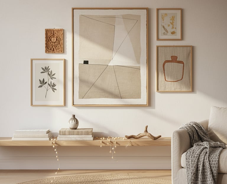 Generic living room wall decor with mass-produced framed prints lacking texture and personality.