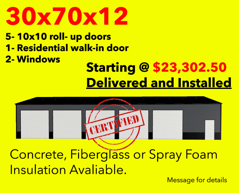 Custom 30x70x12 metal garage 