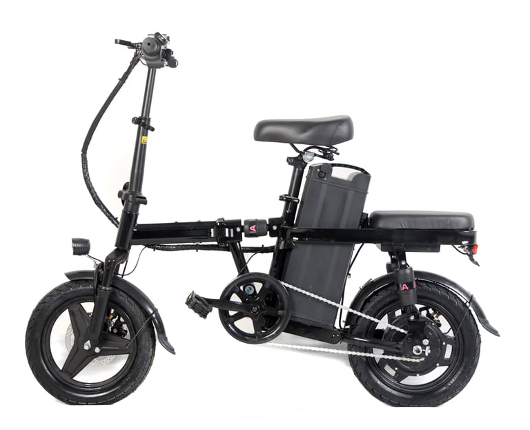 a black and white electric bike with a black seat