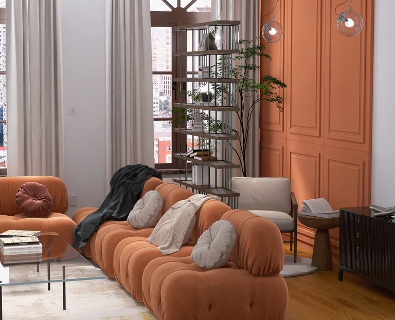 Nowoczesny loftowy salon z akcentami koloru pomarańczowego.