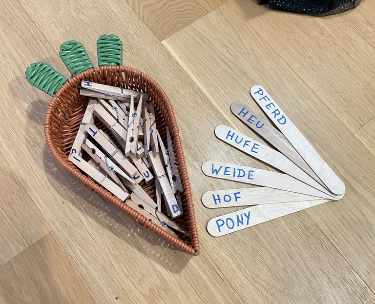 Educational word matching activity with wooden clothespins in a carrot basket and popsicle sticks.