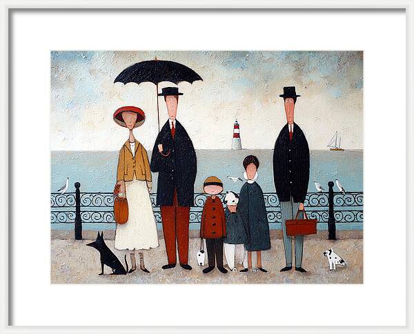 Lowry style British seaside print  Quirky figurative family portrait art  Nostalgic English coastlin