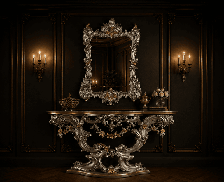 An ornate silver and gold rococo console table and matching mirror against dark wood paneled walls.