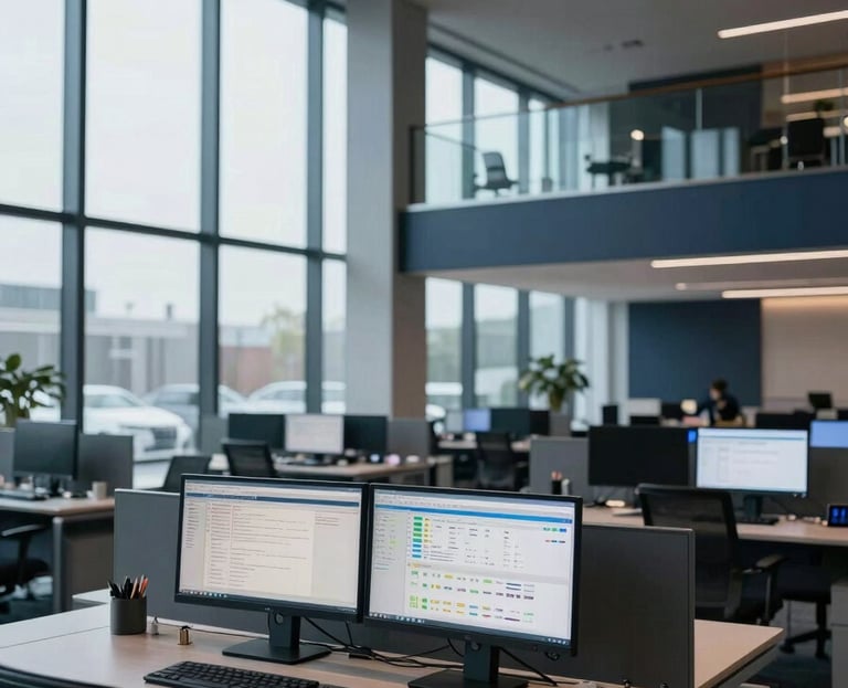 Wide-angle interior of a modern financial office, empty workstations with dual monitors displaying data dashboards, cool north-facing daylight through floor-to-ceiling glass, deep navy and charcoal architectural tones, no people present