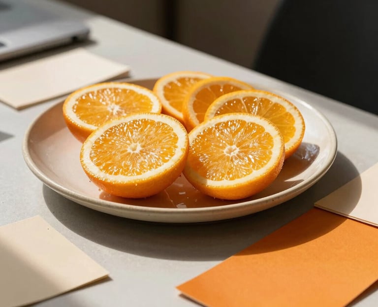 A close-up photograph of a sleek workplace setting in a North American / US studio, featuring fresh organic citrus sliced on a natural ceramic plate alongside design swatches in warm cream and bright orange tones, lit by soft afternoon sunlight.