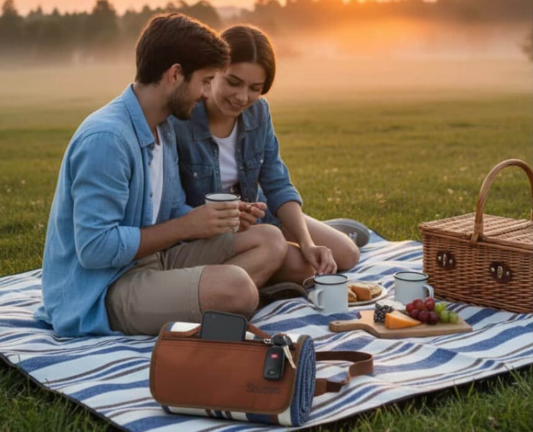 Couple enjoying a picnic with shared gadgets and drinks during a relaxing outdoor moment