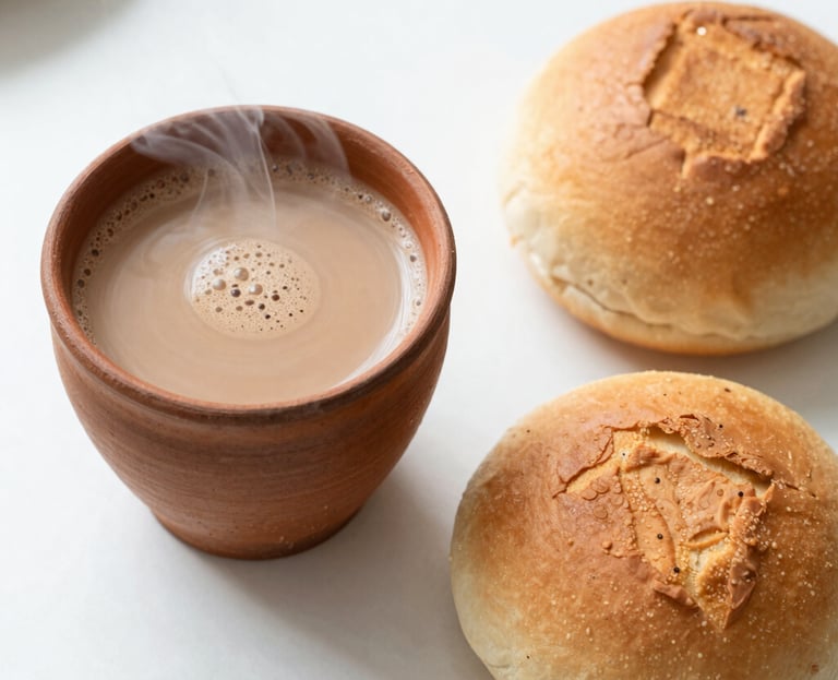 A close-up overhead shot of a steaming clay cup of spiced chai next to a freshly sliced warm bun maska on a clean white table, soft natural daylight, shallow depth of field.