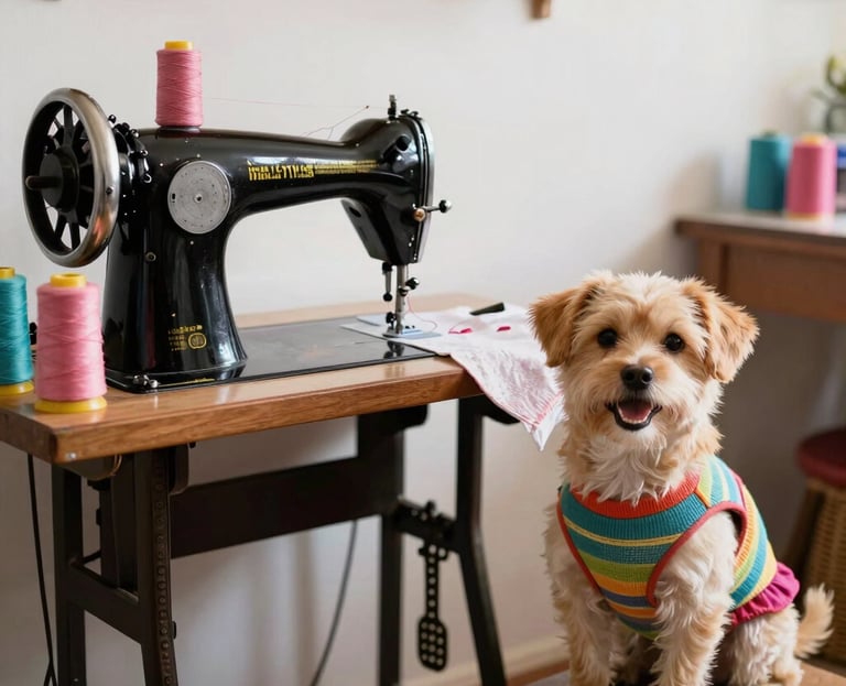  Un perrito con un suéter colorido está sentado junto a una máquina de coser negra antigua