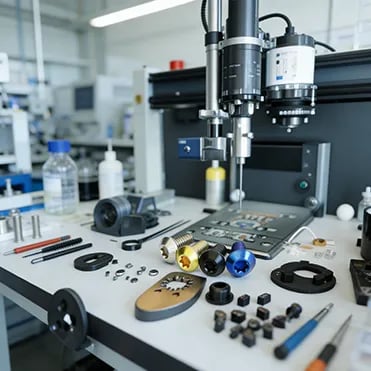 Custom titanium fasteners and precision CNC parts on a quality inspection table.