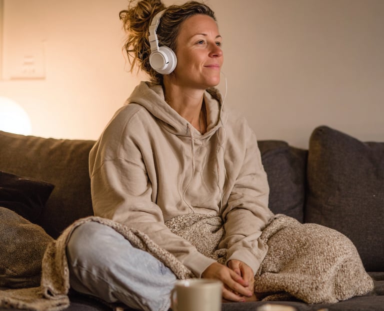 a woman sitting on a couch with headphones on