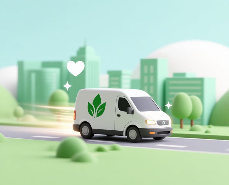 Véhicule de livraison électrique circulant en ville, illustrant une livraison écologique et rapide.