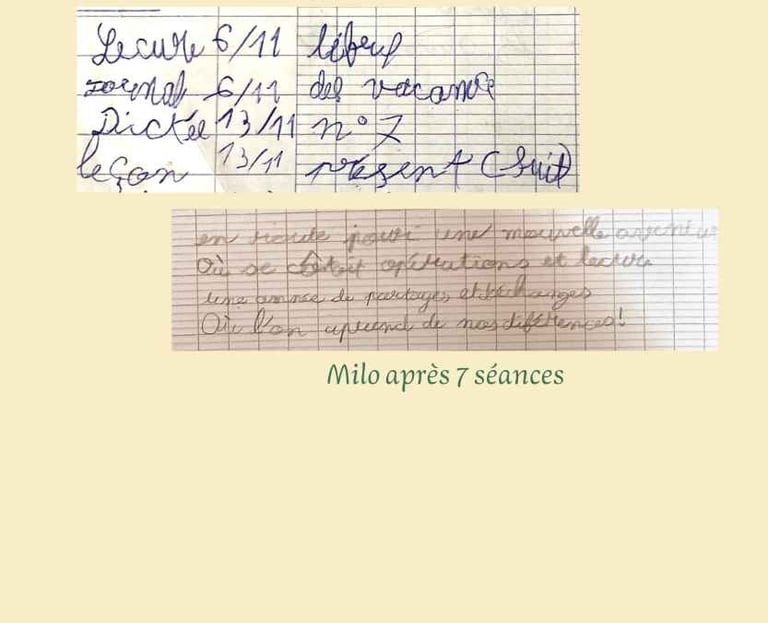 Images de l'écriture de Milo avant et après un suivi en graphopédagogie.