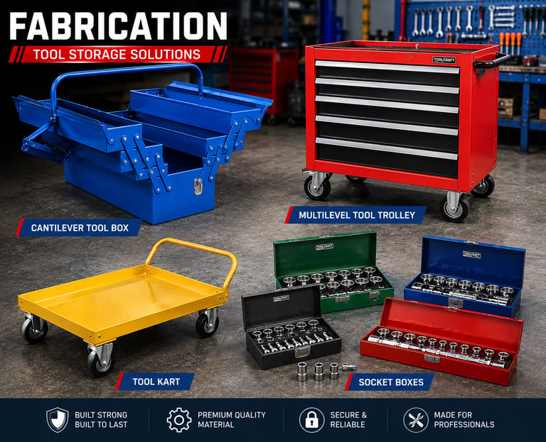 Tool storage solutions including a cantilever tool box, multilevel tool trolley, tool kart, and socket boxes.