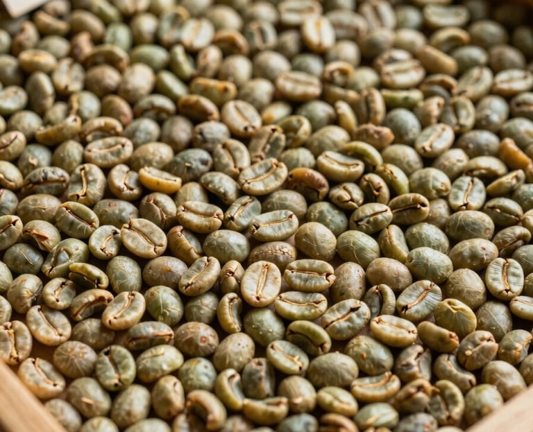 Overhead close-up of sorted green coffee beans arranged in a flat wooden classification tray, individual bean cuts visible, diffuse north-facing daylight, a handwritten lot label in the upper corner, no hands, no people