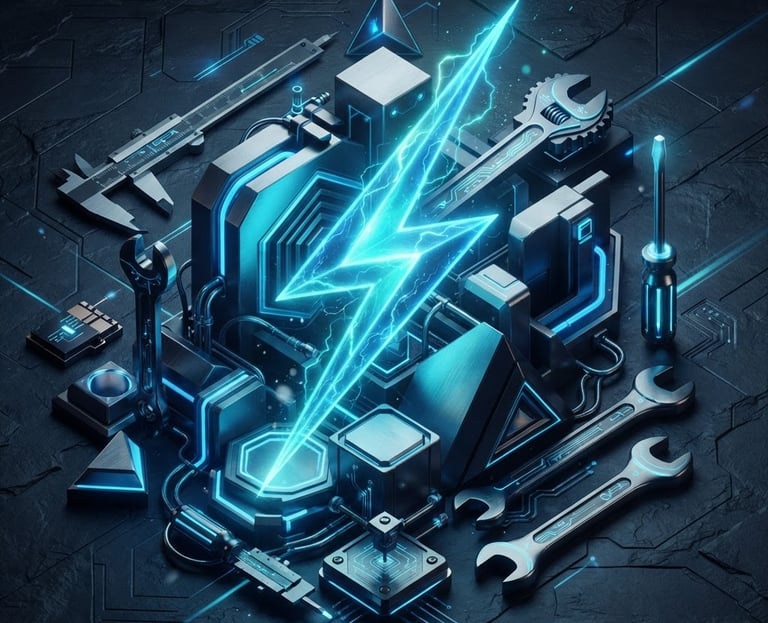 Sleek 3D render of abstract geometric shapes, glowing electric blue lightning bolt, and stylized metallic tools against a dark slate background, isometric perspective, cinematic lighting, no text.
