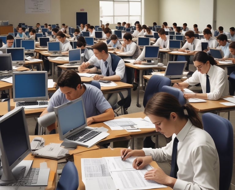 A focused student sitting at a desk with textbooks and a laptop, preparing for an English language exam.