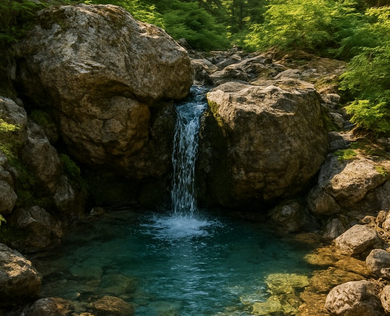 Pristine waterfall flowing into clear pond in Blue Grouse Mountains, source of spring water
