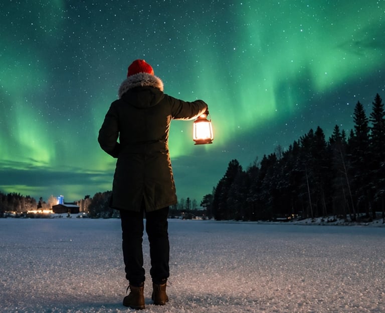 Solo traveler watching Northern Lights from a frozen lakeside while holding a lantern near Rovaniemi, Finnish Lapland.