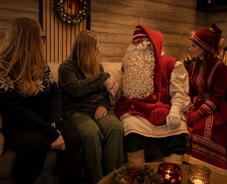 Santa Claus shares a private Christmas moment with adult guests at their holiday accommodation in Rovaniemi, Finnish Lapland.
