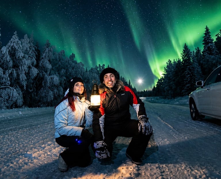 Guests viewing the Northern Lights beside a vehicle during an Aurora Hunt with Local Guide Timo in Rovaniemi