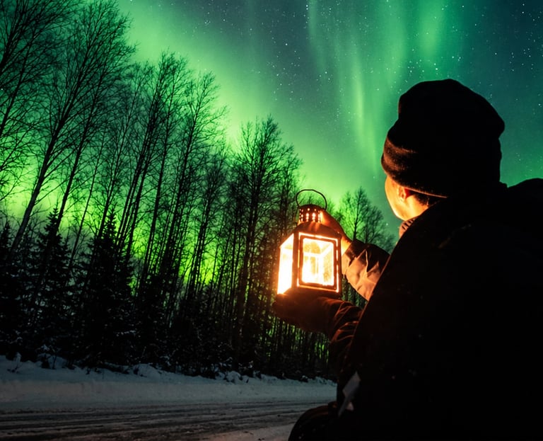 Solo traveler holding a lantern while watching the Northern Lights during an Aurora Hunt with Local Guide Timo in Rovaniemi