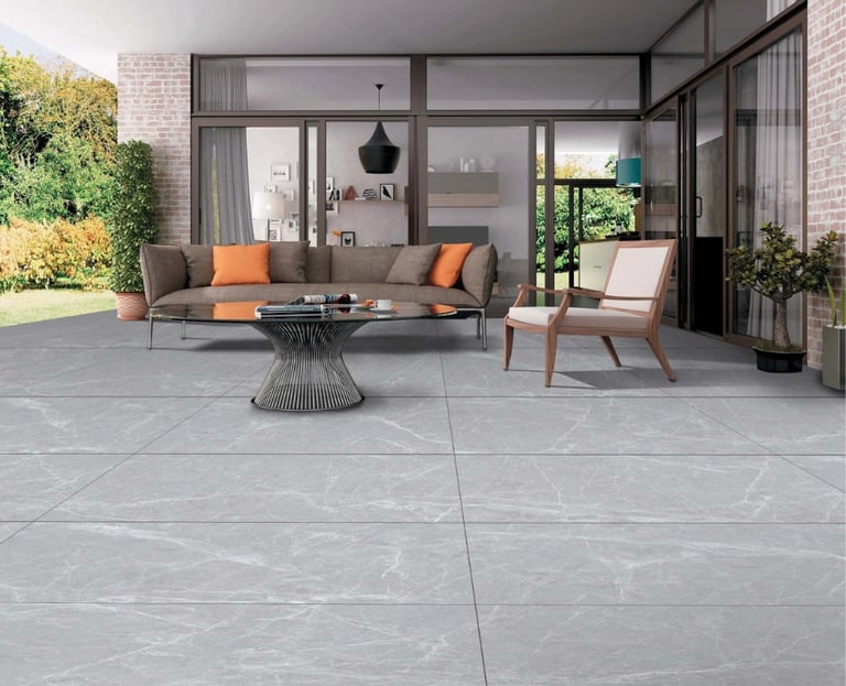 Modern patio with elegant grey outdoor tiles – Rosso Ceramics Pvt Ltd showroom in Pisoli, Pune
