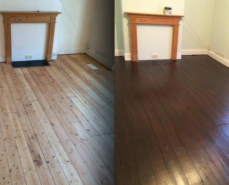 Before and after of Sussex pine wood floor sanding and dark oak staining in a living room.
