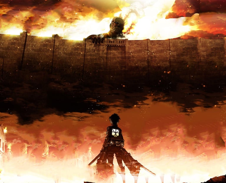 Eren Yeager faces the Colossal Titan towering over Wall Maria, in a dramatic, fiery scene from Attack on Titan.