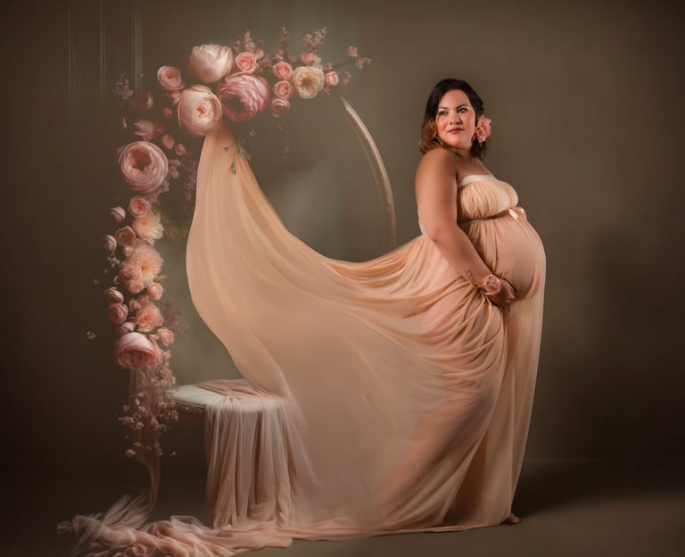 a pregnant woman in a dress with a veil
