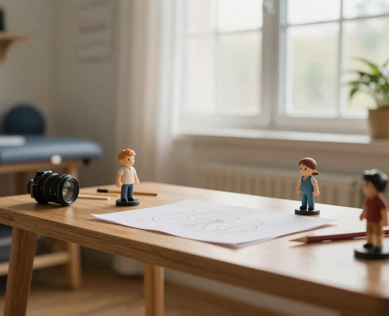 Close-up of a low wooden shelf in a therapy room, small figurines and drawing materials arranged in soft afternoon window light, warm and unhurried
