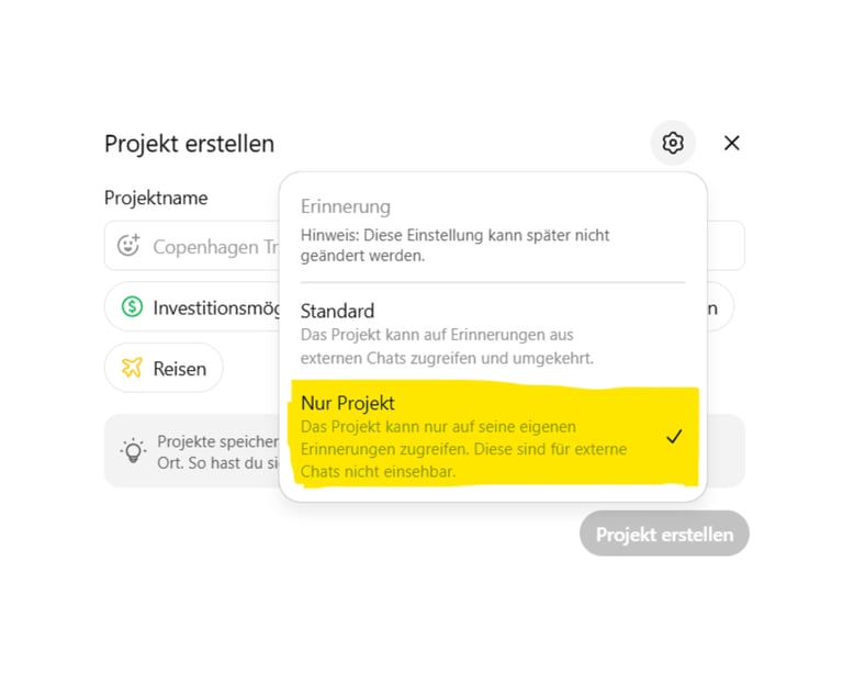 Im Fenster „Projekt erstellen“ in ChatGPT ist die Erinnerungseinstellung „Nur Projekt“ markiert