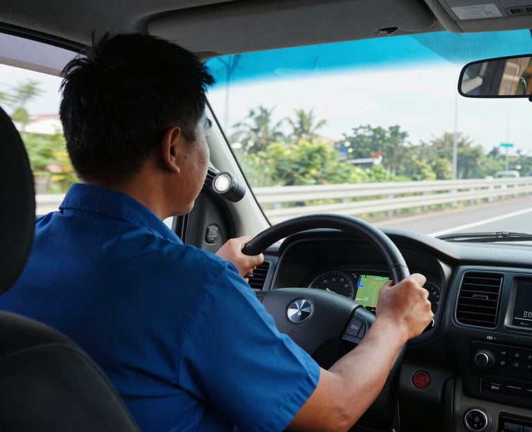 A professional Thai mechanic driving a service vehicle on a highway in Chonburi, GPS navigation visible on the dashboard, daytime, sharp focus, 35mm.