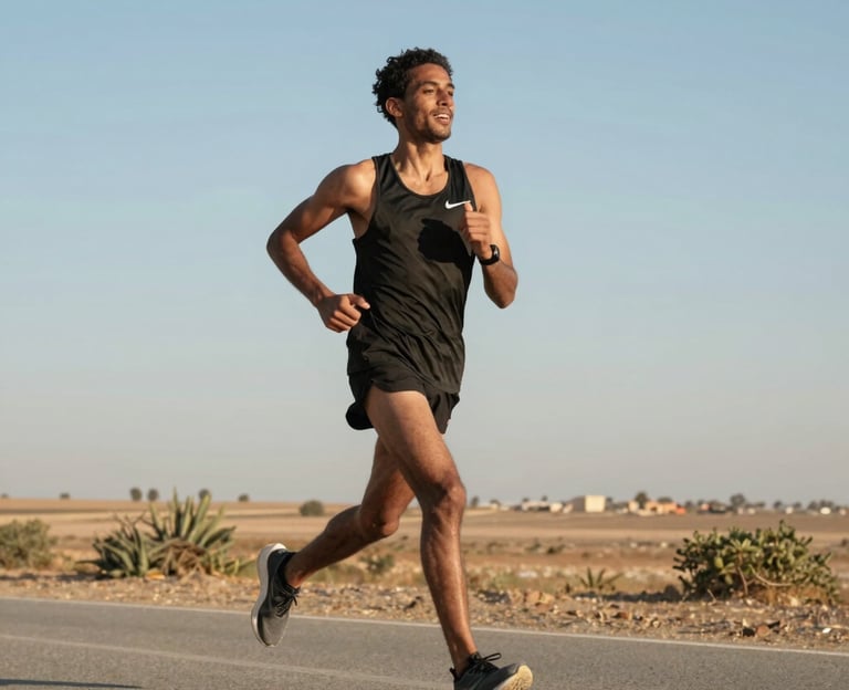 A runner tying their shoes at sunrise on a quiet Moroccan trail.