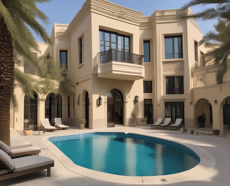 Elegant villa exterior surrounded by lush gardens and a private pool.