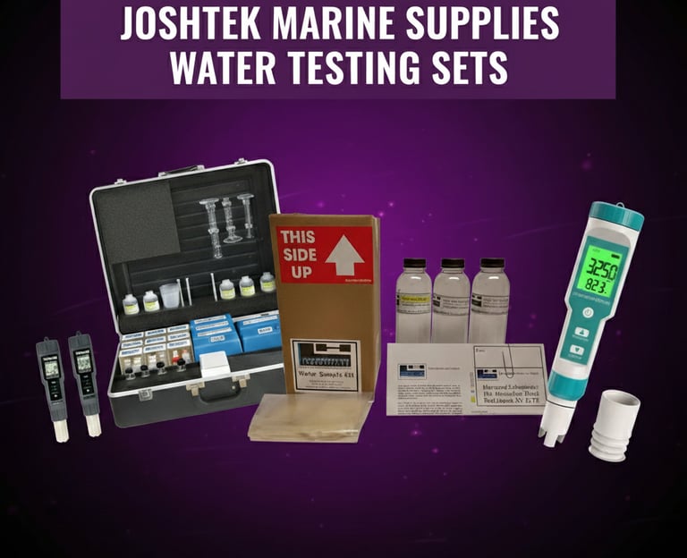 a box containing a variety of items that include a water tester