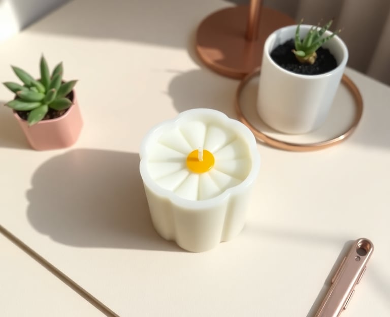 Handgegossene Blütenkerze mit gelbem Docht auf Tisch, kreative Kerzenworkshops und DIY Candle Making