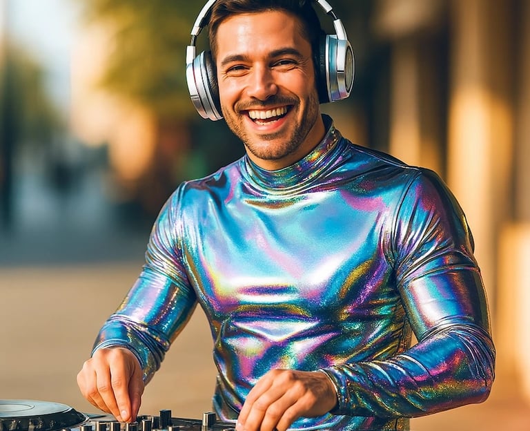 Holographic top worn by DJ man