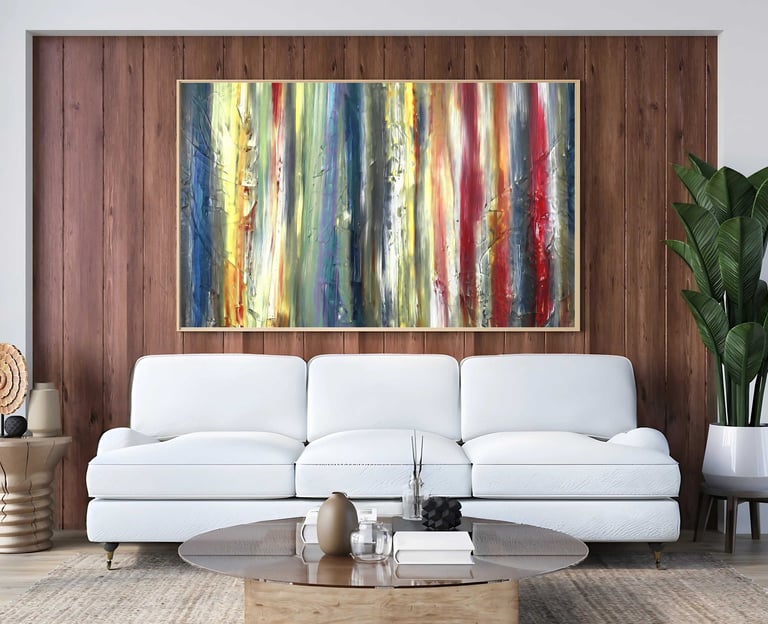 Colorful abstract wall art with vertical textured strokes in red, yellow, green, and blue — styled a