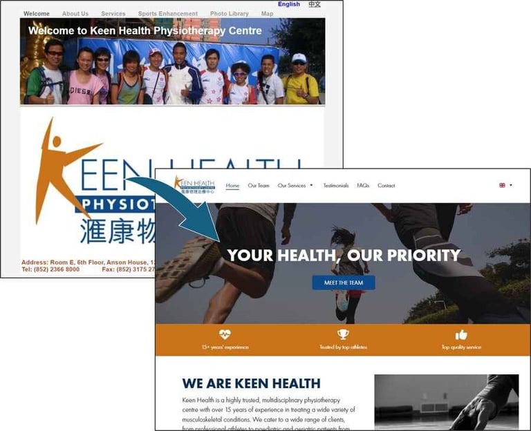 Screenshots of old and new Keen Health websites