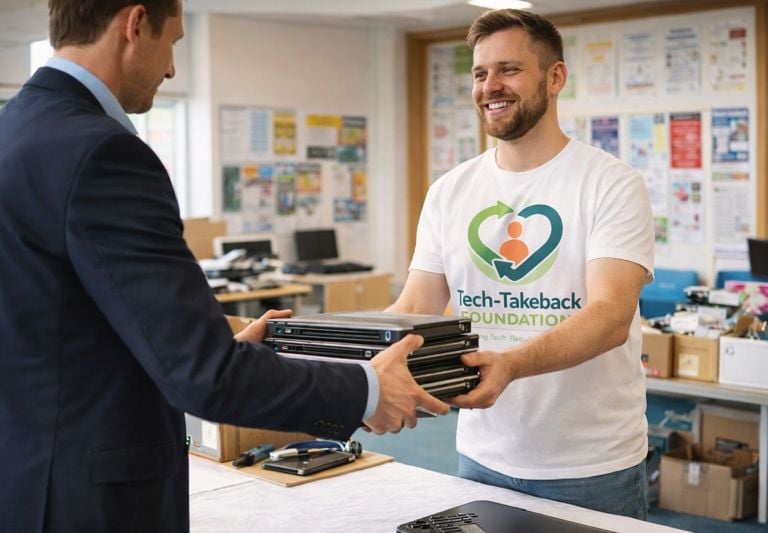 A man in a suit hands a pile pf of laptops to a man in a Tech-Takeback t-shirt