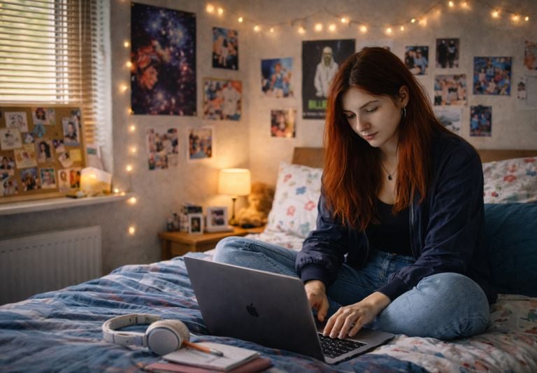A teenage girl sits on her bed. She is using. a laptop